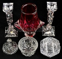 Üveg Tétel : Bohemia ólomkristály Gyertyatartó (párban), Bonbonier (apró Csorbával), ólomkristály Hamutál 9×10 Cm, Dekor - Glass & Crystal