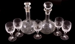 2 Db Metszett Boros Palack 5 Db Talpas Pohárral, Csorba Nélkül, M: 22 és 23 Cm, M:14 Cm (5×) - Verre & Cristal