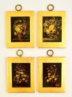 4 Db Virágos Nyomat, Aranyszínű Fa Alapon, 19x14,5 Cm - Autres & Non Classés