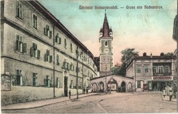 T2/T3 1911 Szászváros, Broos, Orastie; Utcakép, Evangélikus Templom, Gyógyszertár. Kiadja Stelescu 885. / Street View, L - Sin Clasificación