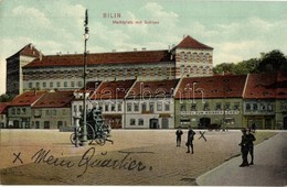 T2 1915 Bílina, Bilin (Böhmen); Marktplatz Mit Schloss, Hotel Zum Weissen Löwen, Gasthaus. Verlag A. Bund / Market Squar - Non Classés