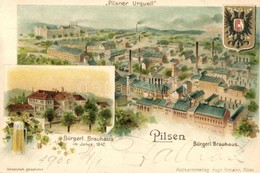 T2 1900 Plzen, Pilsen; Pilsner Urquell Bürgerl. Brauhaus / Brewery, Coat Of Arms. Postkartenverlag Hug Fomann Art Nouvea - Non Classificati