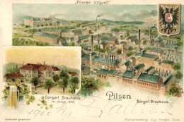 T2 1900 Plzen, Pilsen; Pilsner Urquell Bürgerl. Brauhaus / Brewery, Coat Of Arms. Postkartenverlag Hug Fomann Art Nouvea - Ohne Zuordnung