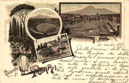 T2/T3 1897 (Vorläufer!) Pompeii (Pompei), Amphiteatro / Amphitheatre, City Ruins, Ox Cart, Folklore. Carlo Künzli Floral - Non Classificati