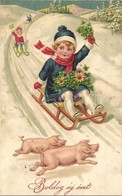 T3 Boldog új évet! / New Year Greeting Art Postcard With Sledding Children, Winter Sport, Pigs. Amag No. 2728. Litho (ly - Non Classificati