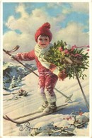 * T2 Bonne Anné / New Year Greeting Art Postcard With Child Skiing - Non Classés