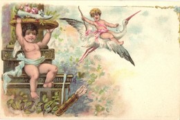 ** T1/T2 Angels With Stork. A. Sockl Wien Floral, Litho - Non Classés