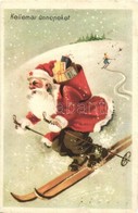 T3/T4 Kellemes ünnepeket! / Christmas Greeting Card With Skiing Saint Nicholas, Winter Sport (r) - Ohne Zuordnung