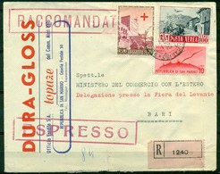 V6741 SAN MARINO 1952 Raccomandata Espresso Affrancata Con Vedute PA L. 100 + Complementari Per Bari 9.10.52, Annulli - Covers & Documents
