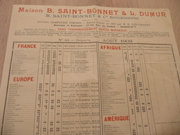 Tarif Pub Saint Bonnet Dumur 1909 Départ Paquebot Commerce Bateau Plus De 2 X A4 - Trasporti