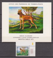 Timbres MONACO  N°880 Neuf ** + Feuillet  Dogue Allemand ; Exposition Canine Internationale MONTE-CARLO 1972 - Covers & Documents