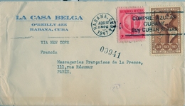 1947 CUBA , SOBRE CIRCULADO , HABANA - PARIS , VIA NEW YORK , FR. TABACO , CENTENARIO DEL PRIMER SELLO POSTAL AMERICANO - Covers & Documents