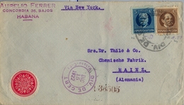 1922 CUBA , SOBRE CERTIFICADO , HABANA - MAINZ , VIA NEW YORK , LLEGADA AL DORSO - Cartas & Documentos