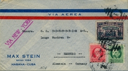 CUBA , SOBRE CIRCULADO , HABANA - HAMBURGO , CORREO AÉREO VIA NEW YORK , FR. BÁSICA , CENTENARIO DEL FERROCARRIL - Brieven En Documenten