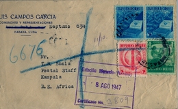 1947 CUBA , SOBRE CERTIFICADO , HABANA - KAMPALA , MAT. ESTACIÓN MERCADO , FR. TABACO , LLEGADA , RARO DESTINO - Covers & Documents