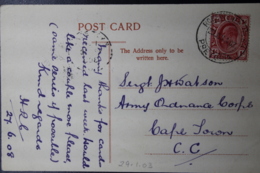 POSTCARD PRETORIA -> ARMY BASE  27-6-1908  BOOM STREET - Cartas