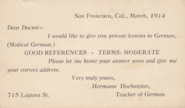 United States Postal Stationery Ganzsache PRIVATE Print HERMANN HOCHSTETTER Teacher Of German SAN FRANCISCO 1914 2 Scans - 1901-20