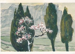 CPM 10X15. Illustrat. Louis JOU (1881-1968) VALLEE DES LES BAUX . Amandiers En Fleurs Et Cyprès. Aquarelle - Autres & Non Classés