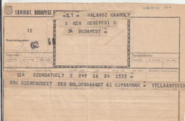 TELEGRAMME SENT FROM SZOMBATHELY TO BUDAPEST, ABOUT 1960, HUNGARY - Telegraaf