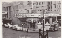 Portland Oregon, Greyhound Bus Depot, Taxis, Delivery Truck Van, C1950s Vintage Real Photo Postcard - Portland