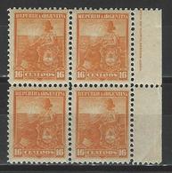 Argentina Mi 110, Sc 133  ** MNH Bloc Of 4 - Unused Stamps