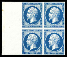 ** N°10c, 25c Bleu, Impression De 1862 En Bloc De Quatre Bord De Feuille (1ex*), Fraîcheur Postale. SUP. R. (certificat) - 1852 Luis-Napoléon