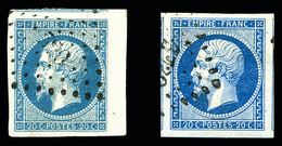 O N°14A, 20c Bleu Type I, 2 Exemplaires Grandes Marges Avec Voisins. SUP (signé Scheller/certificat)  Qualité: O - 1853-1860 Napoleone III