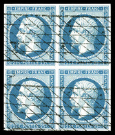 O N°15, 25c Bleu En Bloc De Quatre Obl Grille Sans Fin. TTB (signé Calves/certificat)  Qualité: O  Cote: 2750 Euros - 1853-1860 Napoleone III