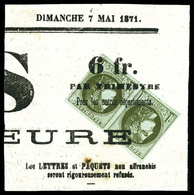 O N°39C, 1c Olive Report 3 En Paire Oblitération Typographique Des Journaux Sur Son Support. SUP (certificat)  Qualité:  - 1870 Ausgabe Bordeaux