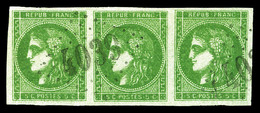 O N°42, 5c Vert-jaune Très Très Foncé, Bande De 3 Obl GC '4039', Nuance Exceptionnelle. SUP (certificat)  Qualité: O - 1870 Bordeaux Printing