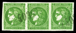 O N°42, 5c Vert-jaune Très Très Foncé, Bande De 3 Obl GC '4039', Nuance Exceptionnelle. SUP (certificat)  Qualité: O - 1870 Ausgabe Bordeaux