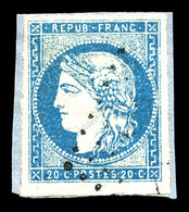O N°44A, 20c Bleu Type I Rep 1 Sur Son Support, Belles Marges. TTB (signé/certificat)  Qualité: O  Cote: 800 Euros - 1870 Bordeaux Printing