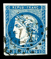 O N°44Aa, 20c Bleu Foncé Type I Rep 1. TB (certificat)  Qualité: O  Cote: 1100 Euros - 1870 Emission De Bordeaux