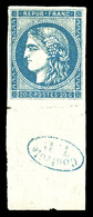 * N°45C, 20c Bleu Type II Report 3 Bdf Avec Cachet De Contrôle 'TP' En Bleu (pli Sur Bdf). SUP (certificat)  Qualité: *  - 1870 Bordeaux Printing