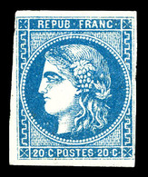 * N°46B, 20c Bleu Type III Report 2, Marges De Droite Courte Mais Filet Intact, TB (signé Calves/certificat)  Qualité: * - 1870 Bordeaux Printing