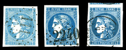 O N°46Bh, 20c Bleu Clair Type II Rep 1 (N°45A), 46B Et 20c Bleu Outremer Type III Report 2 (46Bh), Les Exemplaires Chois - 1870 Ausgabe Bordeaux