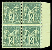 ** N°74, 2c Vert Type II, Bloc De Quatre Bdf, Fraîcheur Postale, TRES BON CENTRAGE, SUP (certificat)  Qualité: ** - 1876-1878 Sage (Type I)