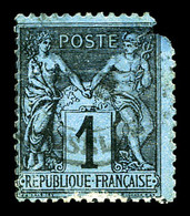 O N°84, 1c Noir Sur Bleu De Prusse, Défectueux (certificat)  Qualité: O  Cote: 6000 Euros - 1876-1878 Sage (Typ I)