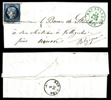 O N°4, Cérès 25c Bleu Obl CACHET BELGE P24 Sur Lettre Du 24 Oct 1850 Au Départ De Bruxelles. Timbre De France Ayant Circ - 1849-1876: Période Classique