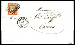 O N°7, 1F Vermillon Obl Grille Sur Lettre Postée De Marseille Le 8 Mai 1849 à Destination De TUNIS. GRANDE RARETE DE LA  - 1849-1876: Klassik