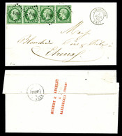 O N°12, 5c Vert, Bande De Quatre Obl PC 1631 Sur Lettre De Landrecies Le 3 Avril 55 Pour Etreux. TTB (certificat)  Quali - 1849-1876: Klassik