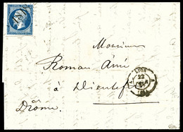 O N°14, 20c Bleu Obl Cachet D'essai Délié '1818' De Lyon Sur Lettre De Lyon Le 22 Fev 1855 Pour Dieulefit. SUP. R. (sign - 1849-1876: Période Classique