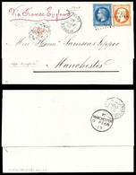 O SMYRNE, 40c Dentelé + 20c Lauré (N°23 +29) Obl GC 5098 Sur Lettre Du 28 Janv 1868 De Smyrne Pour Manchester, Arrivée L - 1849-1876: Klassik