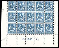 ** N°114, 25c Bleu, Panneau De 15 Exemplaires Bas De Feuille Avec Numéro, SUPERBE (certificat)  Qualité: **  Cote: 5625  - 1900-02 Mouchon