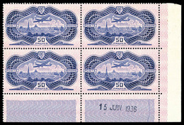 ** N°15, 50F Burelé En Bloc De Quatre Coin De Feuille Daté Du 15 Juin 1936, SUPERBE (signé Calves/certificat)  Qualité:  - 1927-1959 Neufs