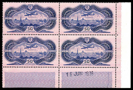 ** N°15, 50F Burelé En Bloc De Quatre Coin De Feuille Daté Du 16 Juin 1936, Gomme Légèrement Jaunie. TTB (signé Roumet/c - 1927-1959 Neufs