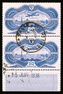 O N°15, 50F Burelé En Paire Avec Cachet à Date Central, Bas De Feuille Daté Du 15 Juin 1936, SUP (certificat)  Qualité:  - 1927-1959 Ungebraucht