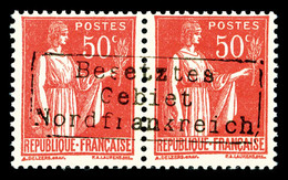 ** N°6, Paix, 50c Rose-rouge En Paire Horizontale Surchargée Coudekerque, Très Bon Centrage, SUPERBE (signé Brun/certifi - Oorlogszegels