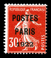 ** N°32, 30c Rouge Surchargé 'POSTE PARIS 1922', Fraîcheur Postale. SUP. R.R. (certificat)  Qualité: **  Cote: 1300 Euro - 1893-1947