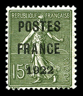 ** N°37, 15c Olive Surchargé 'POSTE FRANCE 1922' (infime Froissure), Fraîcheur Postale. SUP. R.R. (signé Brun/certificat - 1893-1947